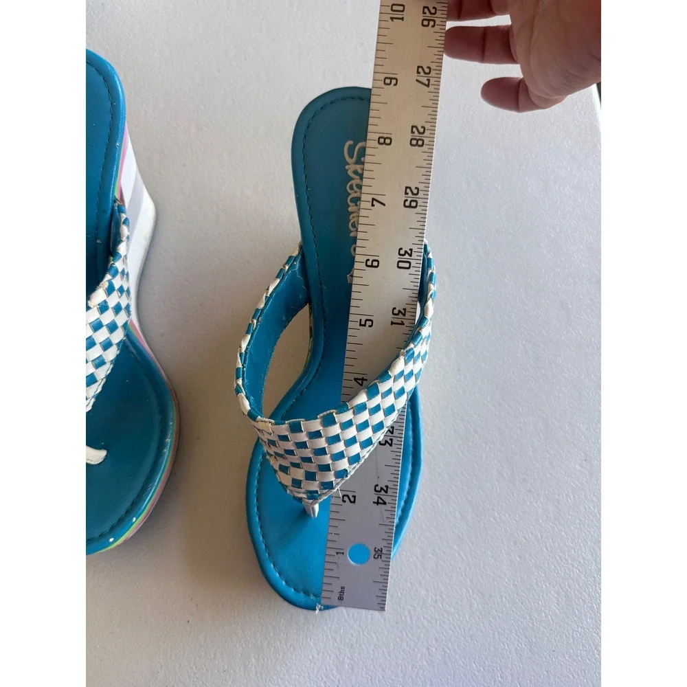 Vintage Skechers Cali Y2K Platform Wedge Sandals Blue White Woven Checkerboard‎